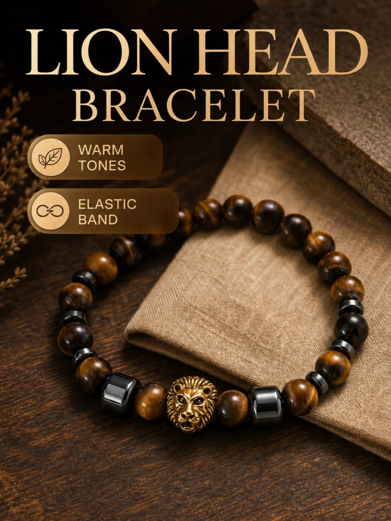 Men's Lion Head Tiger's Eye Beaded Bracelet, 8mm Natural Tiger Eye Stone Elastic Stretch Bracelet With Hematite Spacers