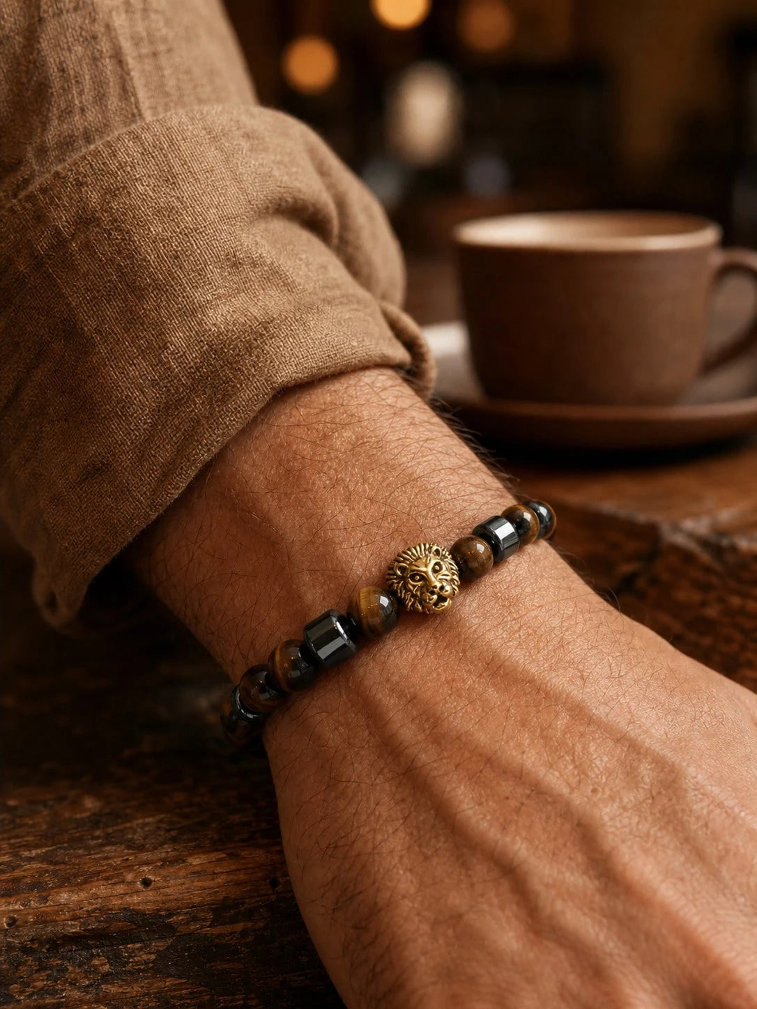Men's Lion Head Tiger's Eye Beaded Bracelet, 8mm Natural Tiger Eye Stone Elastic Stretch Bracelet With Hematite Spacers