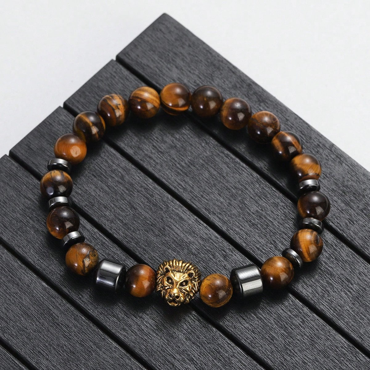 Men's Lion Head Tiger's Eye Beaded Bracelet, 8mm Natural Tiger Eye Stone Elastic Stretch Bracelet With Hematite Spacers
