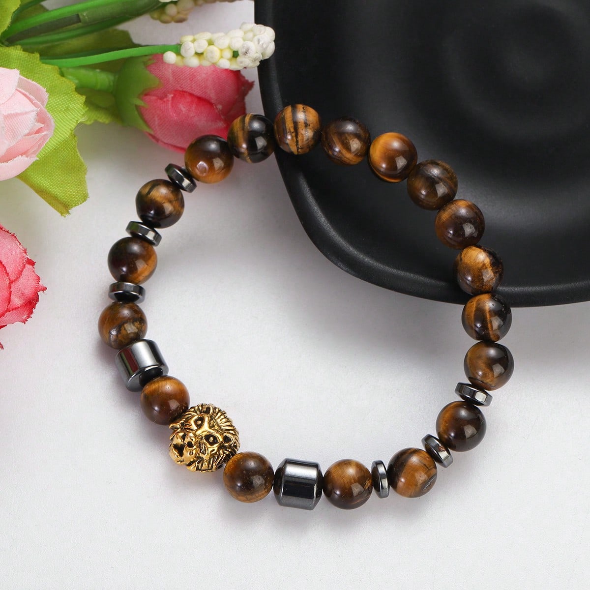Men's Lion Head Tiger's Eye Beaded Bracelet, 8mm Natural Tiger Eye Stone Elastic Stretch Bracelet With Hematite Spacers
