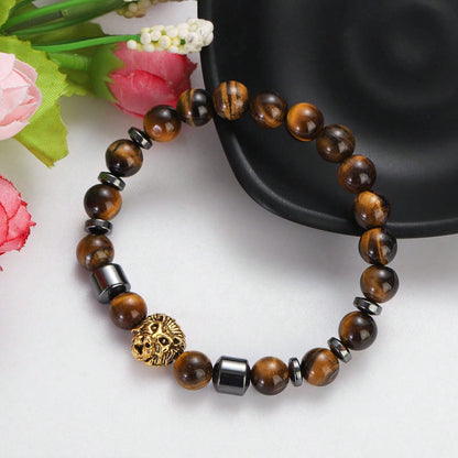 Men's Lion Head Tiger's Eye Beaded Bracelet, 8mm Natural Tiger Eye Stone Elastic Stretch Bracelet With Hematite Spacers