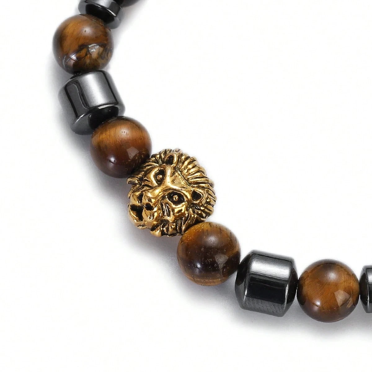 Men's Lion Head Tiger's Eye Beaded Bracelet, 8mm Natural Tiger Eye Stone Elastic Stretch Bracelet With Hematite Spacers