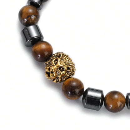 Men's Lion Head Tiger's Eye Beaded Bracelet, 8mm Natural Tiger Eye Stone Elastic Stretch Bracelet With Hematite Spacers