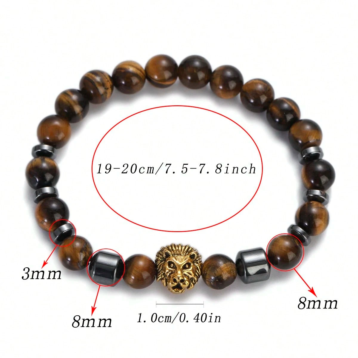 Men's Lion Head Tiger's Eye Beaded Bracelet, 8mm Natural Tiger Eye Stone Elastic Stretch Bracelet With Hematite Spacers