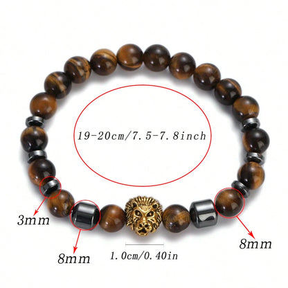 Men's Lion Head Tiger's Eye Beaded Bracelet, 8mm Natural Tiger Eye Stone Elastic Stretch Bracelet With Hematite Spacers