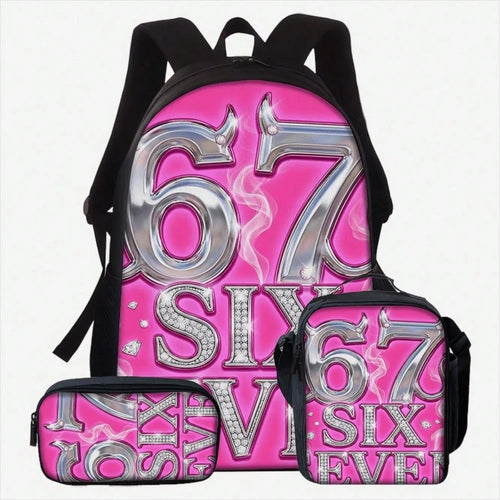 Metallic Pink Number 67 Graphic Backpack Set For Travel And Commuting, Stylish Functional Design, Playful Glam Print, Ideal For Birthday Celebrations, Spring Outings And Weekend Getaways