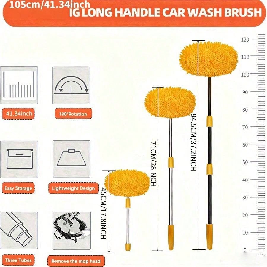Microfiber 45-Inch Long Handle Car Wash Mop- Scratch-Free Cleaning Tools For Cars, Trucks, SUVs, RVs, Boats, With Chenier Sponge Dust Brush, One Mop And Two Replacement Heads