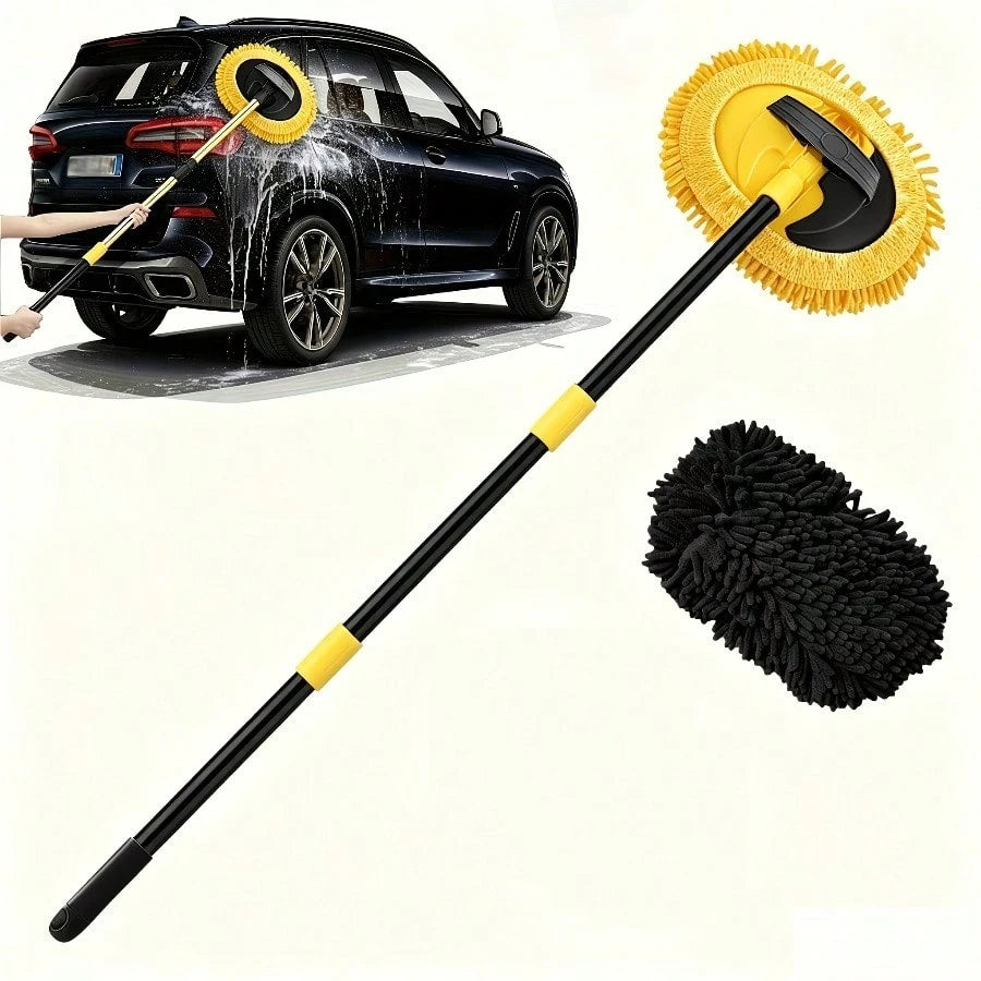 Microfiber 45-Inch Long Handle Car Wash Mop- Scratch-Free Cleaning Tools For Cars, Trucks, SUVs, RVs, Boats, With Chenier Sponge Dust Brush, One Mop And Two Replacement Heads