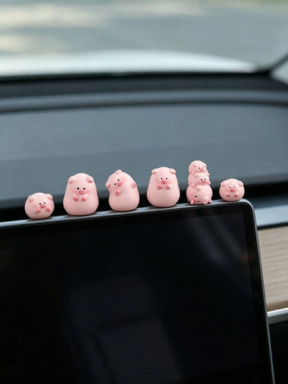 Mini Adorable Fat Pig Figurines Set, 6 Different Shapes Kawaii Pink Pig Car Ornaments, Resin Animal Statues For Desk & Micro Landscape Decor