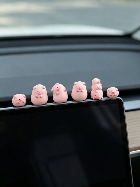 Mini Adorable Fat Pig Figurines Set, 6 Different Shapes Kawaii Pink Pig Car Ornaments, Resin Animal Statues For Desk & Micro Landscape Decor