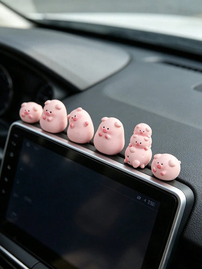 Mini Adorable Fat Pig Figurines Set, 6 Different Shapes Kawaii Pink Pig Car Ornaments, Resin Animal Statues For Desk & Micro Landscape Decor