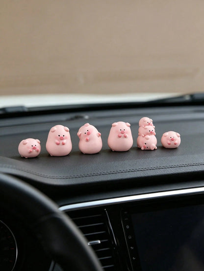 Mini Adorable Fat Pig Figurines Set, 6 Different Shapes Kawaii Pink Pig Car Ornaments, Resin Animal Statues For Desk & Micro Landscape Decor