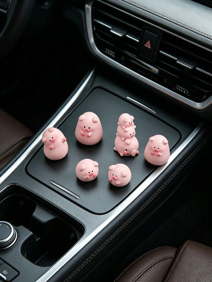 Mini Adorable Fat Pig Figurines Set, 6 Different Shapes Kawaii Pink Pig Car Ornaments, Resin Animal Statues For Desk & Micro Landscape Decor