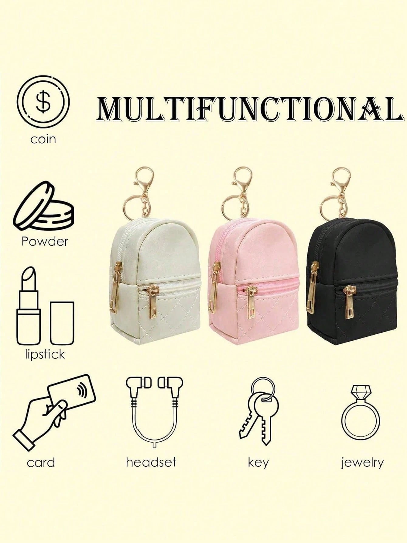 Mini Backpack Keychain Women's Cute Cosmetic Bag Keychain Small PU Cosmetic Bag Keychain Accessories Bag Storage Zipper Bag Accessories
