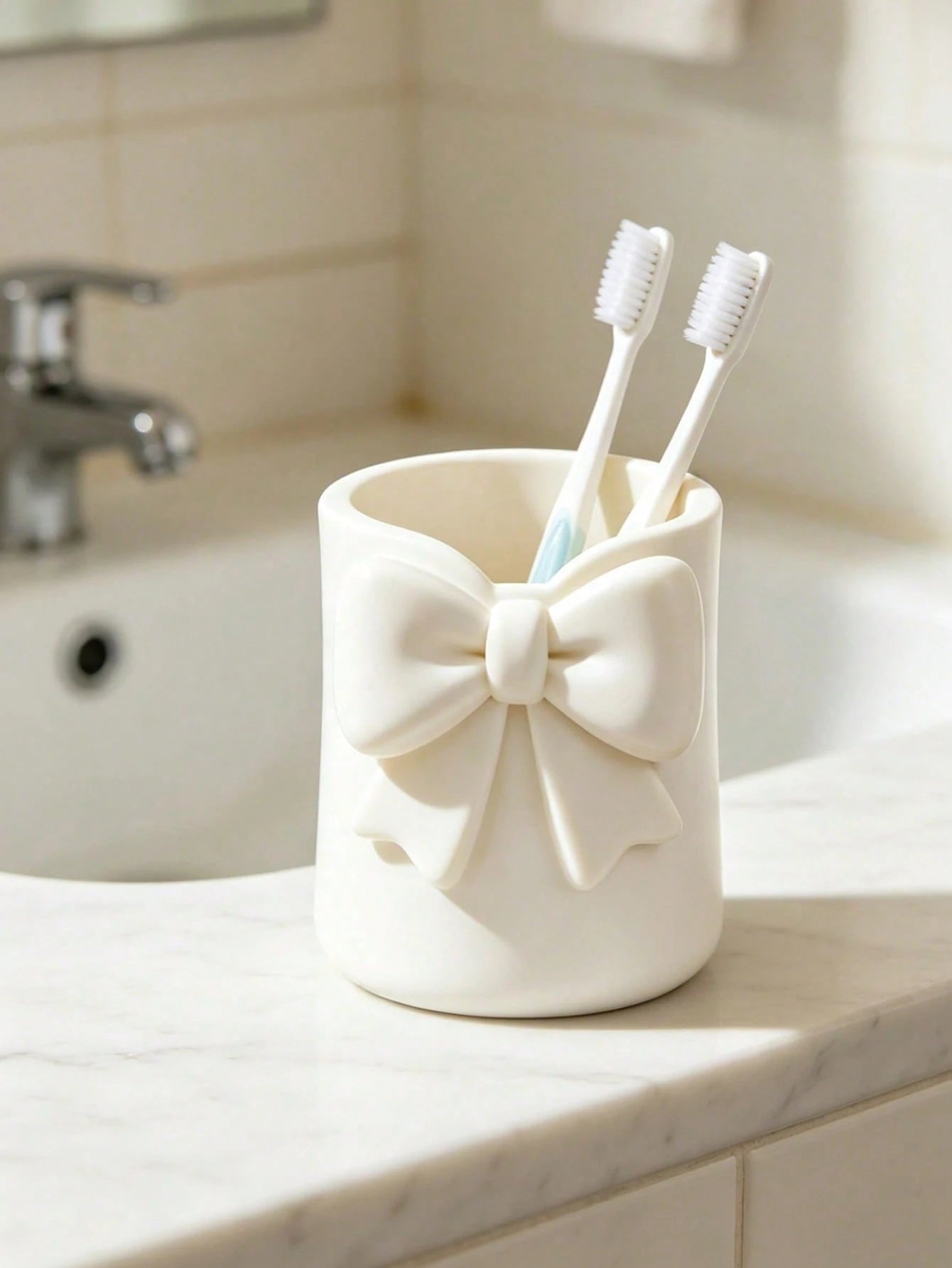 Mini Cream-Colored Bow-Shaped Creative Toothbrush Holder, Can Be Used As A Toothbrush Cup Or Desktop Storage Organizer. It Can Hold Toothbrushes, Toothpaste And Other Items. At The Same Time, It Can A