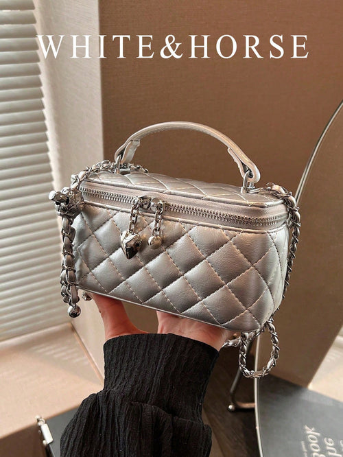 Mini Lipstick Quilted Diamond Stitch Box Bag, Stylish Versatile Zipper Square Handbag With Chain Strap Crossbody Bag For Women