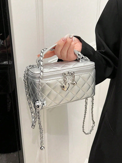 Mini Lipstick Quilted Diamond Stitch Box Bag, Stylish Versatile Zipper Square Handbag With Chain Strap Crossbody Bag For Women