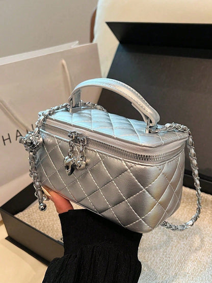 Mini Lipstick Quilted Diamond Stitch Box Bag, Stylish Versatile Zipper Square Handbag With Chain Strap Crossbody Bag For Women