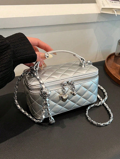 Mini Lipstick Quilted Diamond Stitch Box Bag, Stylish Versatile Zipper Square Handbag With Chain Strap Crossbody Bag For Women