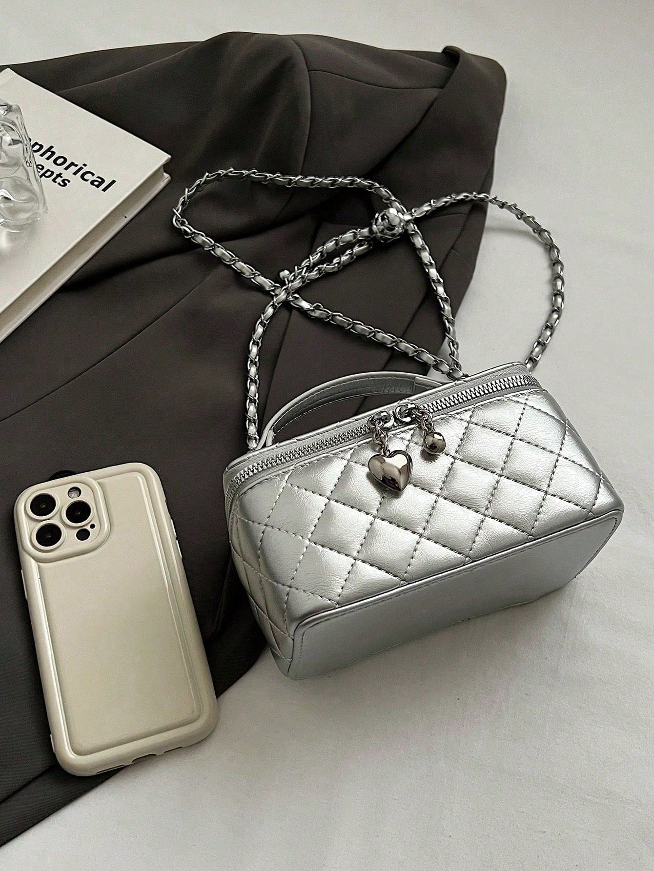 Mini Lipstick Quilted Diamond Stitch Box Bag, Stylish Versatile Zipper Square Handbag With Chain Strap Crossbody Bag For Women