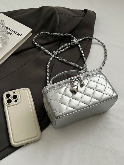 Mini Lipstick Quilted Diamond Stitch Box Bag, Stylish Versatile Zipper Square Handbag With Chain Strap Crossbody Bag For Women