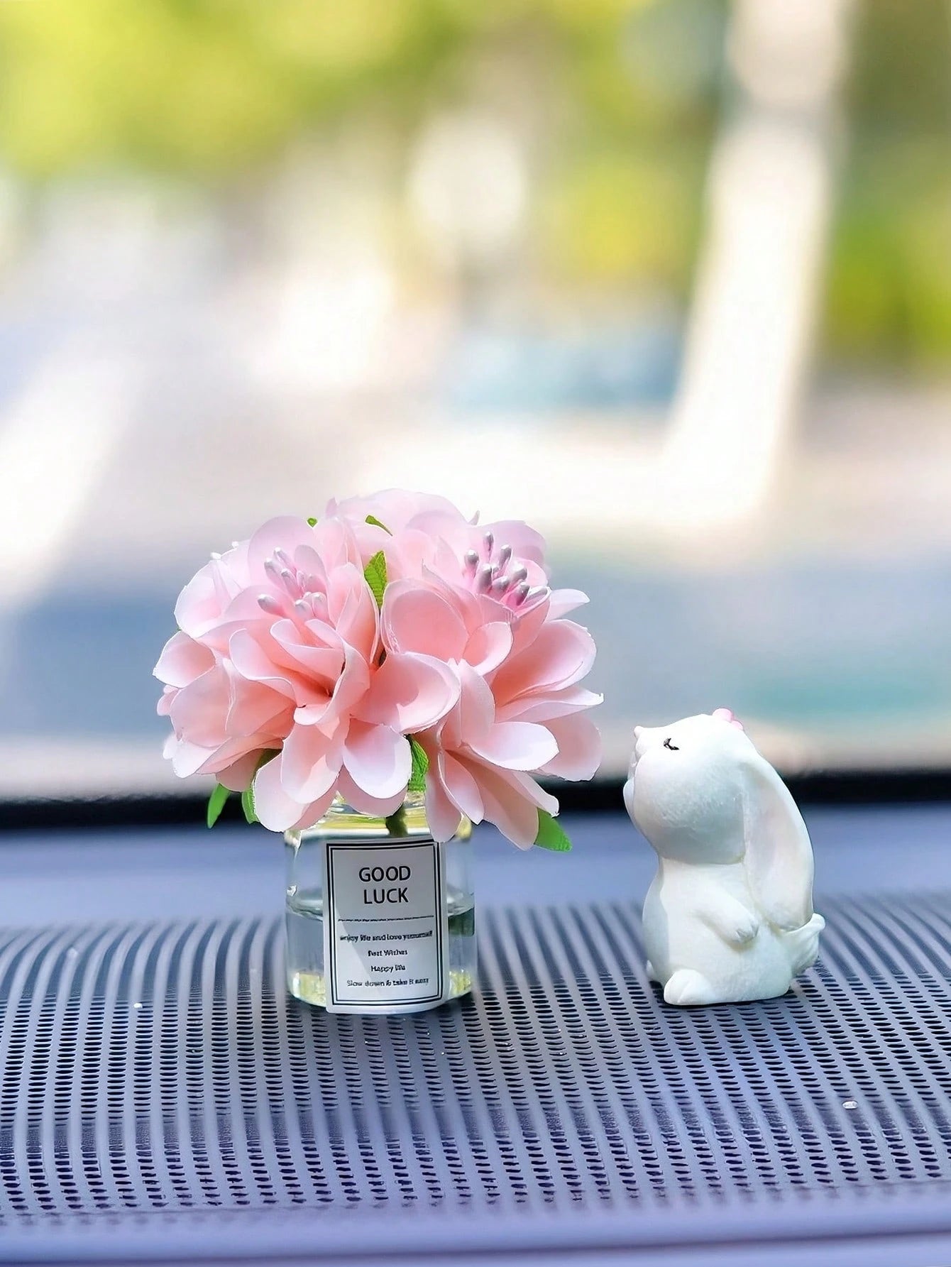 Mini Silk Flower Vase And Rabbit Scented Car Interior Decor, Car Dashboard Ornament