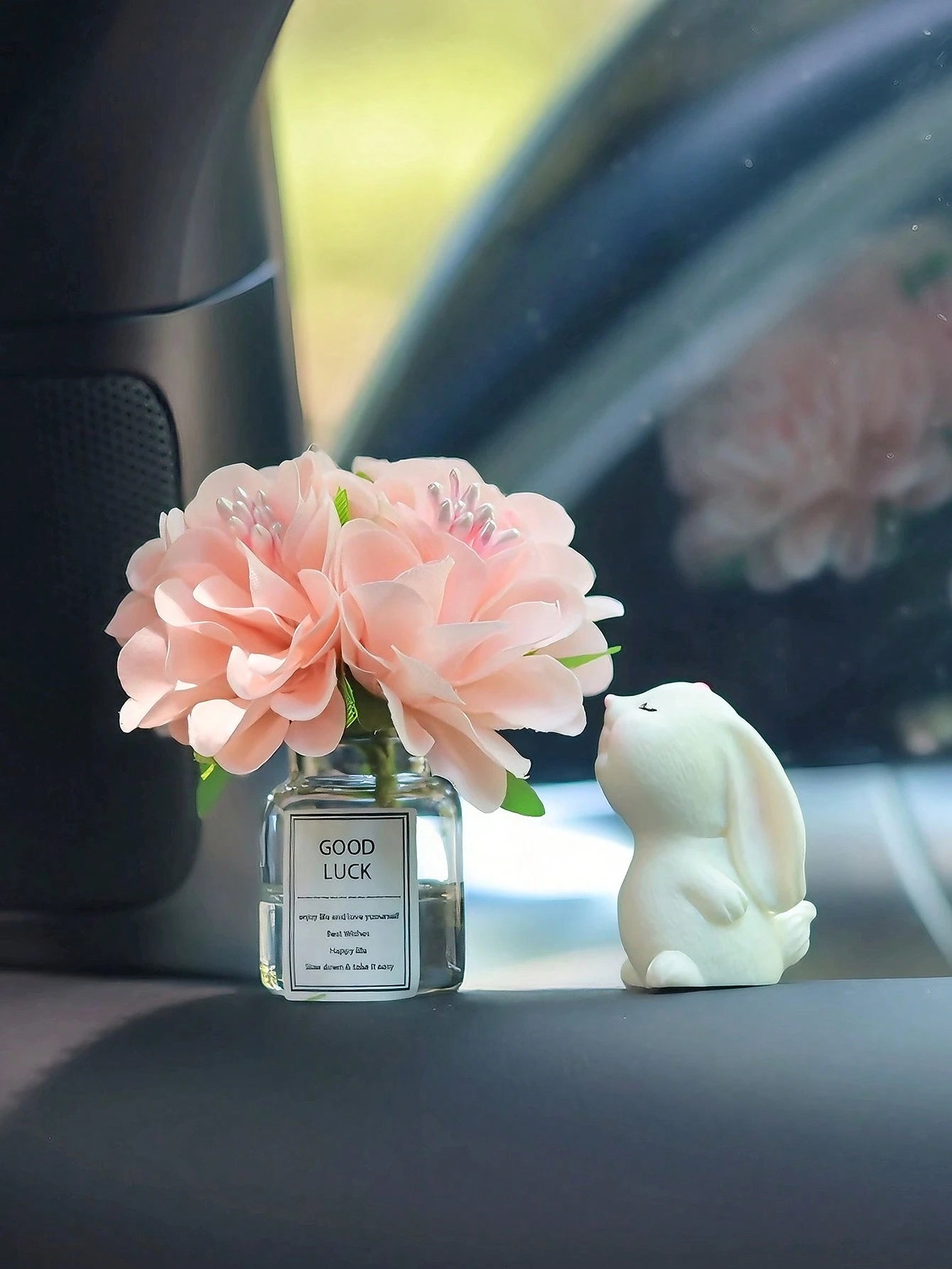 Mini Silk Flower Vase And Rabbit Scented Car Interior Decor, Car Dashboard Ornament