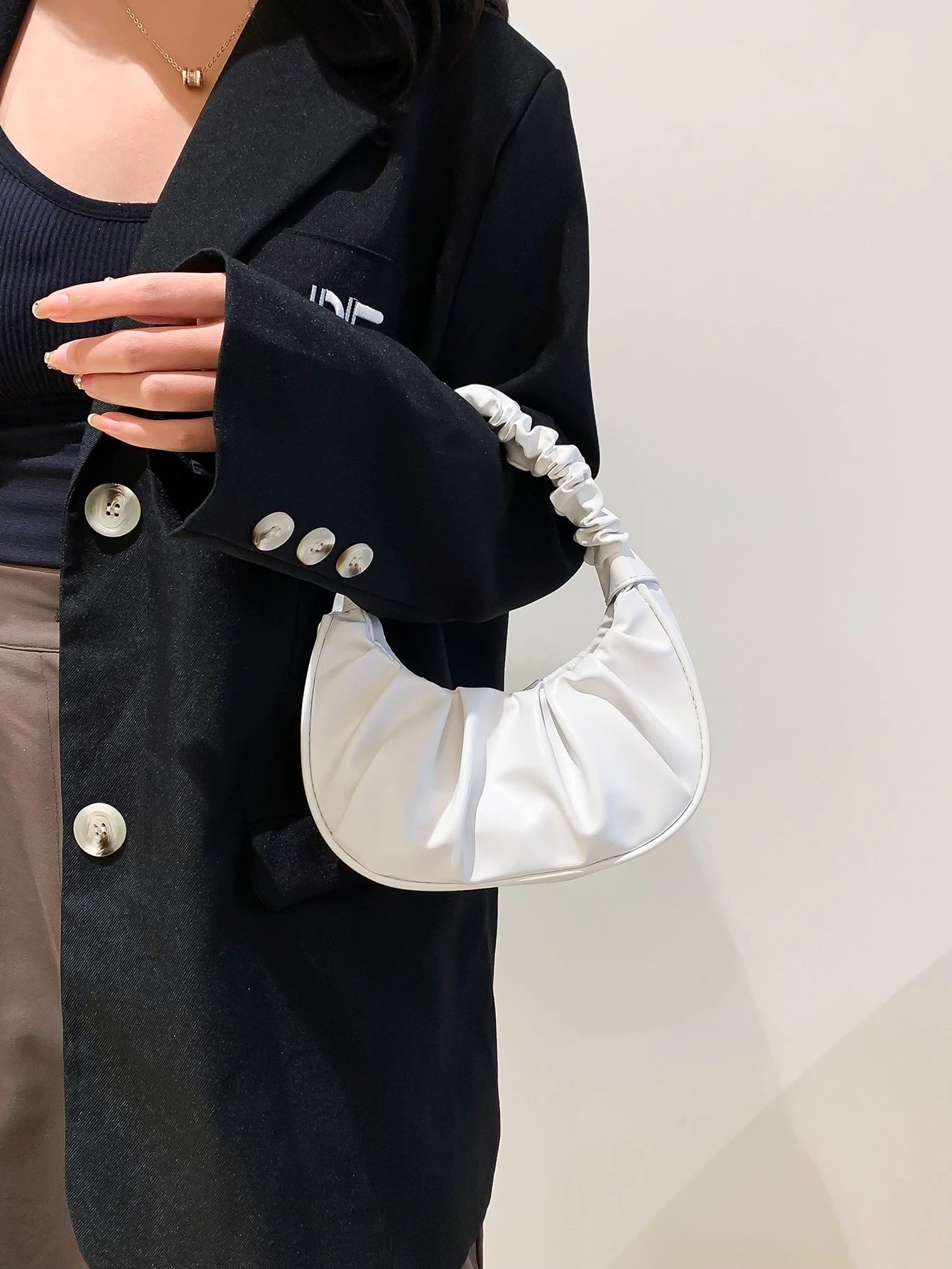 Mini Solid Color Women Pleated Handbag, Women Solid Color Cloud & Crescent Shoulder Bag, New Year, Cream Bag, White Bag