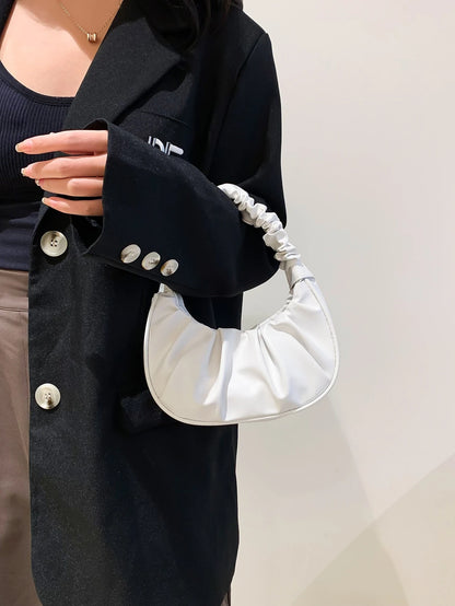 Mini Solid Color Women Pleated Handbag, Women Solid Color Cloud & Crescent Shoulder Bag, New Year, Cream Bag, White Bag