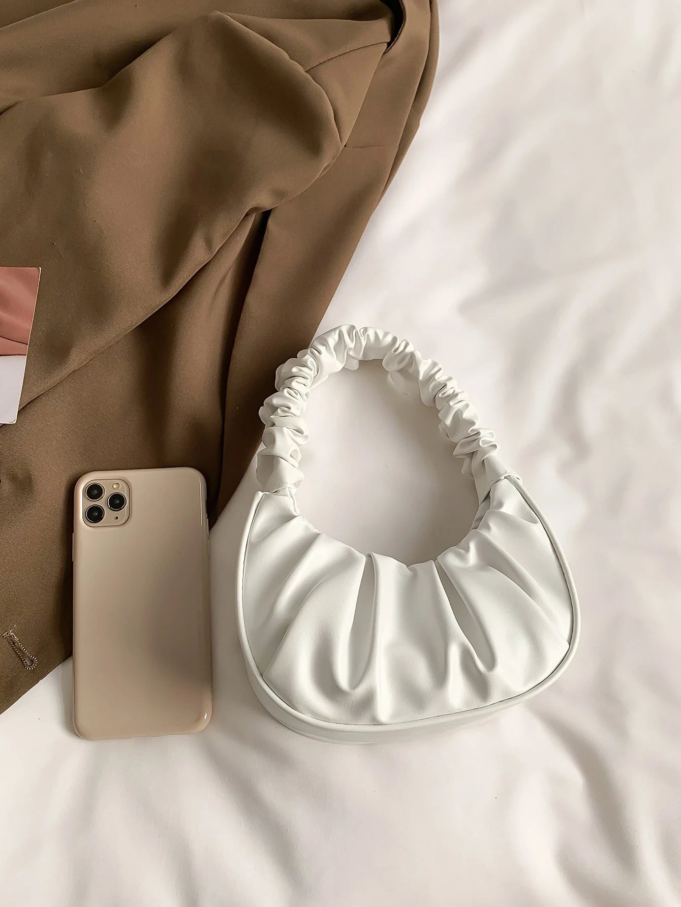 Mini Solid Color Women Pleated Handbag, Women Solid Color Cloud & Crescent Shoulder Bag, New Year, Cream Bag, White Bag