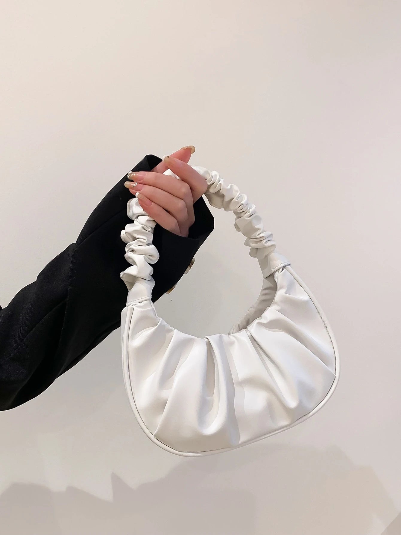 Mini Solid Color Women Pleated Handbag, Women Solid Color Cloud & Crescent Shoulder Bag, New Year, Cream Bag, White Bag