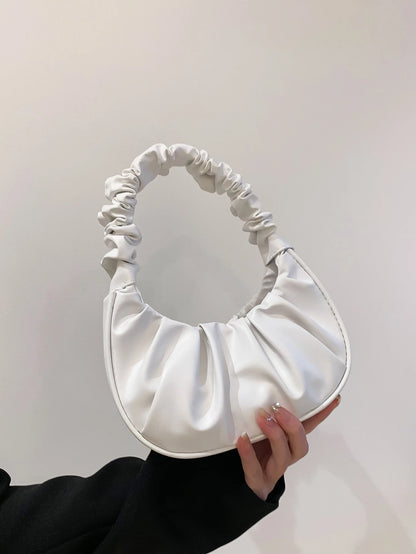 Mini Solid Color Women Pleated Handbag, Women Solid Color Cloud & Crescent Shoulder Bag, New Year, Cream Bag, White Bag