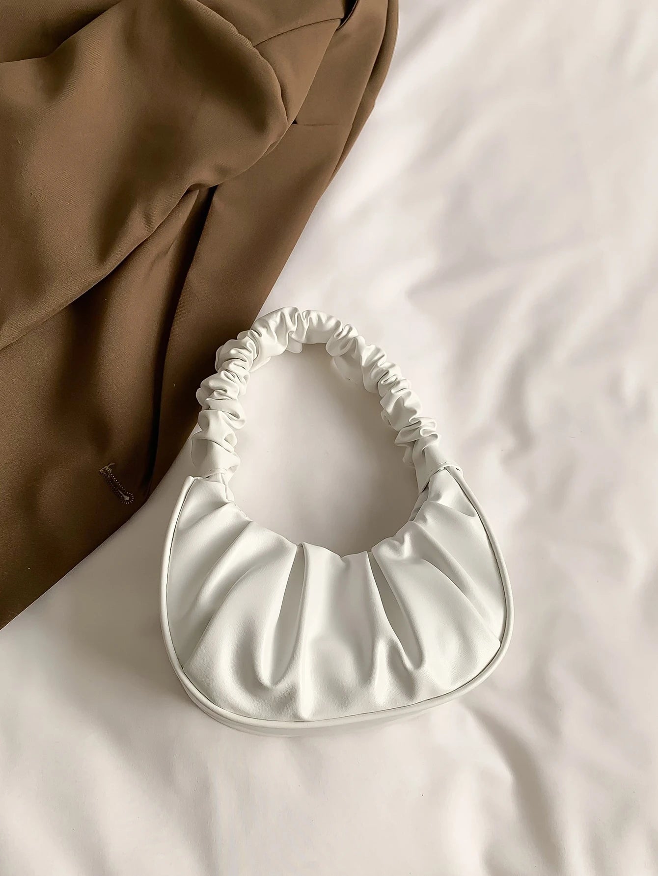 Mini Solid Color Women Pleated Handbag, Women Solid Color Cloud & Crescent Shoulder Bag, New Year, Cream Bag, White Bag