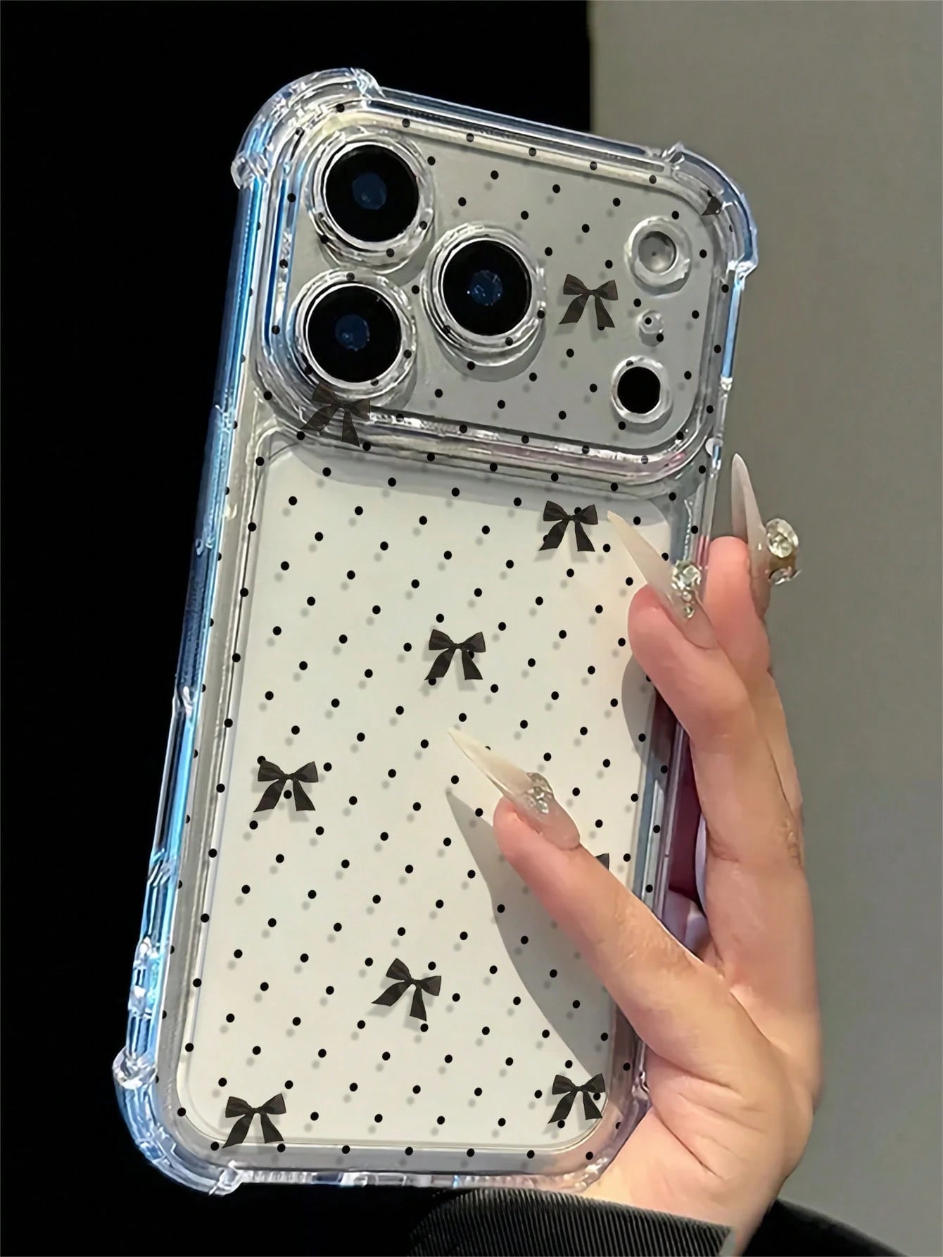 Minimalist Black Polka Dot And Bow Cross Design Anti-Drop Phone Case, Suitable For Daily Use, Compatible With Apple 17/17 Pro/17 Pro Max/16/16 Pro/16 Plus/16 Pro Max/15/15 Pro/15 Plus/14/14 Pro/14 Pro