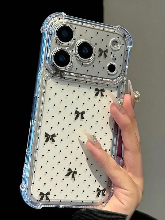 Minimalist Black Polka Dot And Bow Cross Design Anti-Drop Phone Case, Suitable For Daily Use, Compatible With Apple 17/17 Pro/17 Pro Max/16/16 Pro/16 Plus/16 Pro Max/15/15 Pro/15 Plus/14/14 Pro/14 Pro
