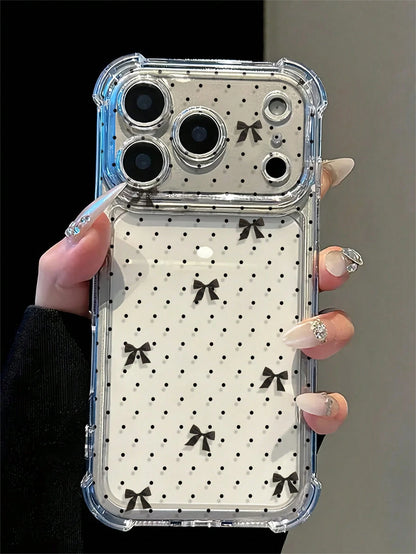 Minimalist Black Polka Dot And Bow Cross Design Anti-Drop Phone Case, Suitable For Daily Use, Compatible With Apple 17/17 Pro/17 Pro Max/16/16 Pro/16 Plus/16 Pro Max/15/15 Pro/15 Plus/14/14 Pro/14 Pro