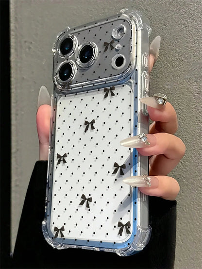 Minimalist Black Polka Dot And Bow Cross Design Anti-Drop Phone Case, Suitable For Daily Use, Compatible With Apple 17/17 Pro/17 Pro Max/16/16 Pro/16 Plus/16 Pro Max/15/15 Pro/15 Plus/14/14 Pro/14 Pro