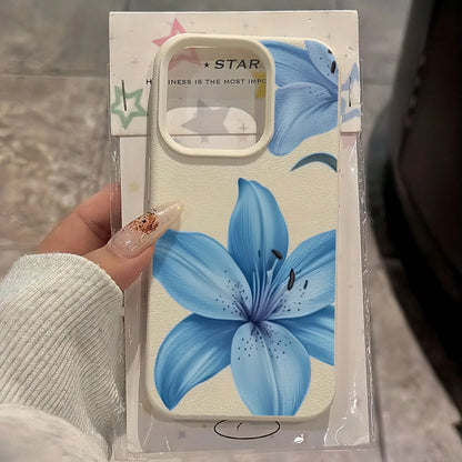 Minimalist Blue Flower White Leather Floral Element Fashion Phone Case Floral Fashion 1pc White Leather Texture Floral Pattern Phone Case, Minimalist Blue Flower Design, Compatible With Apple 16 Pro M