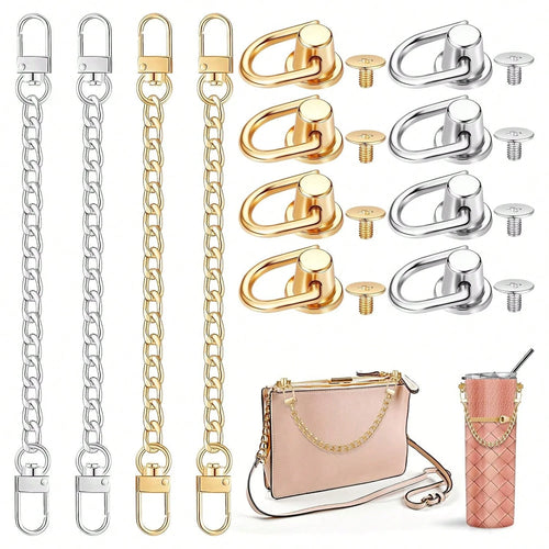 Minimalist Gold & Silver Dual-Tone Thick Cuban Metal Detachable Bag Replacement Shoulder Chain, Matching Screw D-Ring Bottom Stud Hardware Kit, Rust-Proof Anti-Oxidation Wear-Resistant DIY Handmade Le