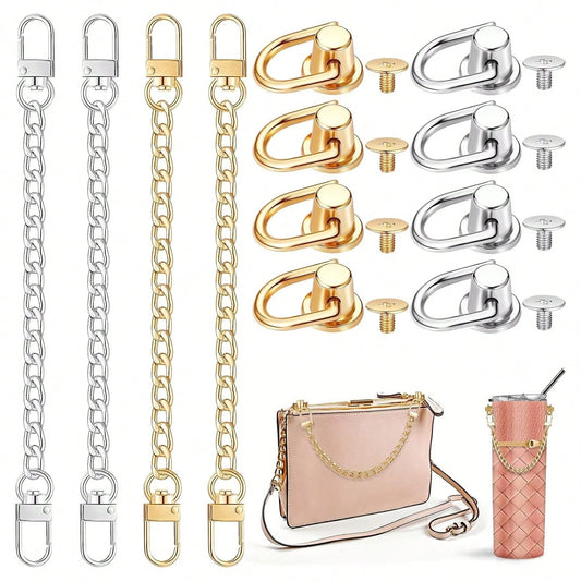 Minimalist Gold & Silver Dual-Tone Thick Cuban Metal Detachable Bag Replacement Shoulder Chain, Matching Screw D-Ring Bottom Stud Hardware Kit, Rust-Proof Anti-Oxidation Wear-Resistant DIY Handmade Le