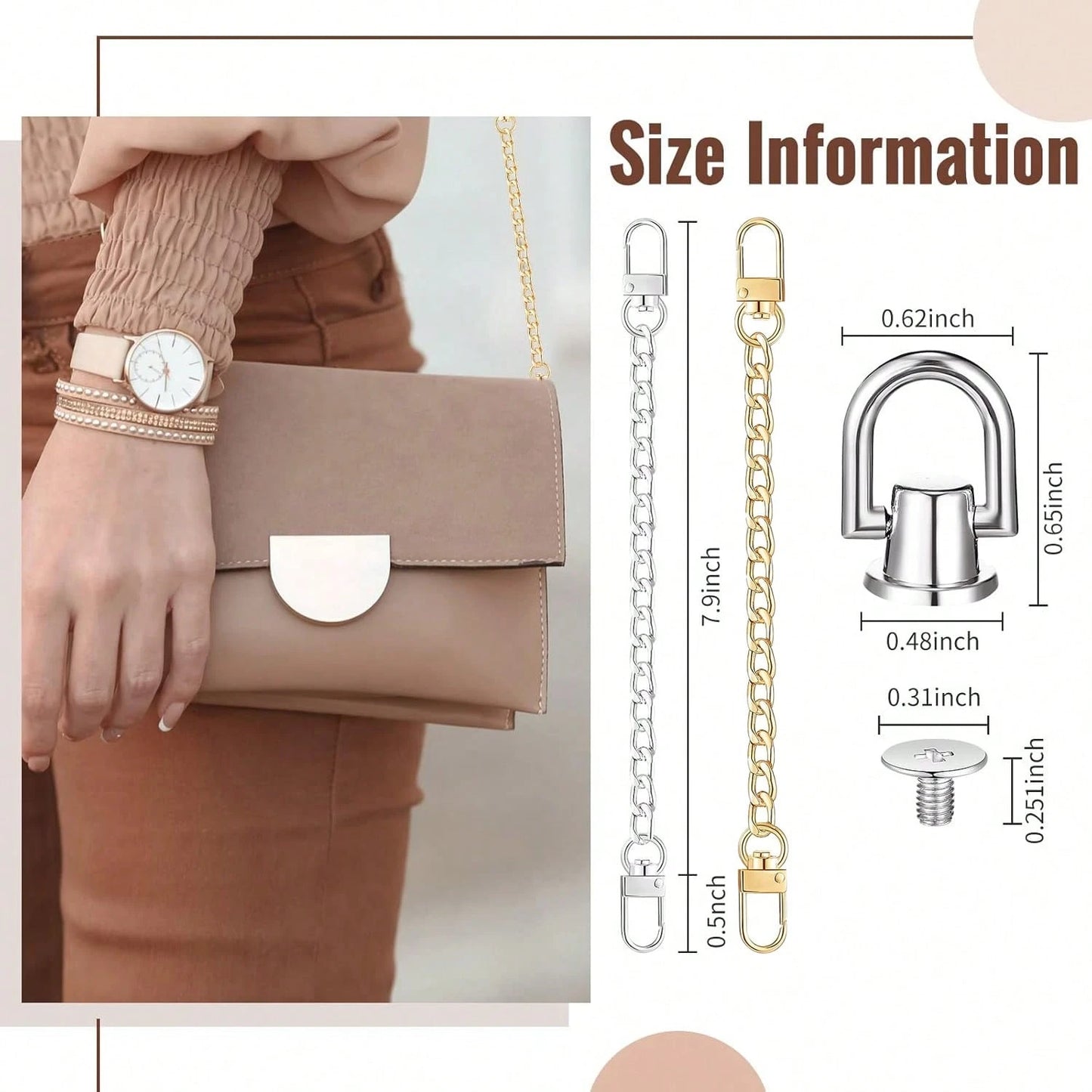 Minimalist Gold & Silver Dual-Tone Thick Cuban Metal Detachable Bag Replacement Shoulder Chain, Matching Screw D-Ring Bottom Stud Hardware Kit, Rust-Proof Anti-Oxidation Wear-Resistant DIY Handmade Le