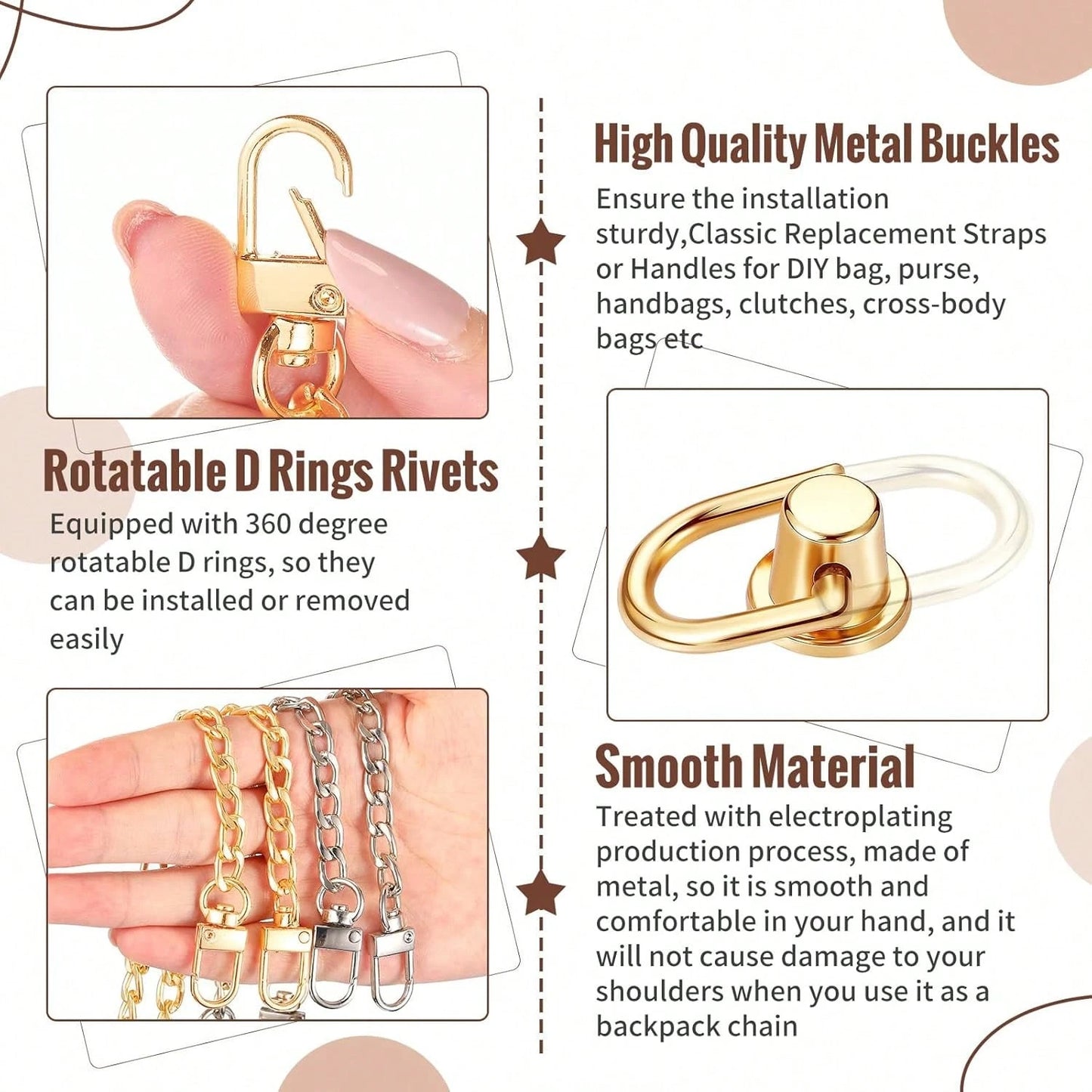 Minimalist Gold & Silver Dual-Tone Thick Cuban Metal Detachable Bag Replacement Shoulder Chain, Matching Screw D-Ring Bottom Stud Hardware Kit, Rust-Proof Anti-Oxidation Wear-Resistant DIY Handmade Le