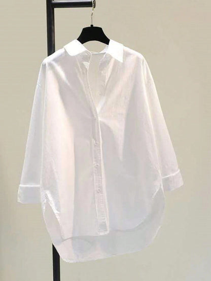 Minimalist Lapel Long Sleeve Loose Women's Shacket, Featuring Shirt Collar And Asymmetric Hem Design White Spring
