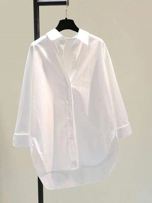 Minimalist Lapel Long Sleeve Loose Women's Shacket, Featuring Shirt Collar And Asymmetric Hem Design White Spring