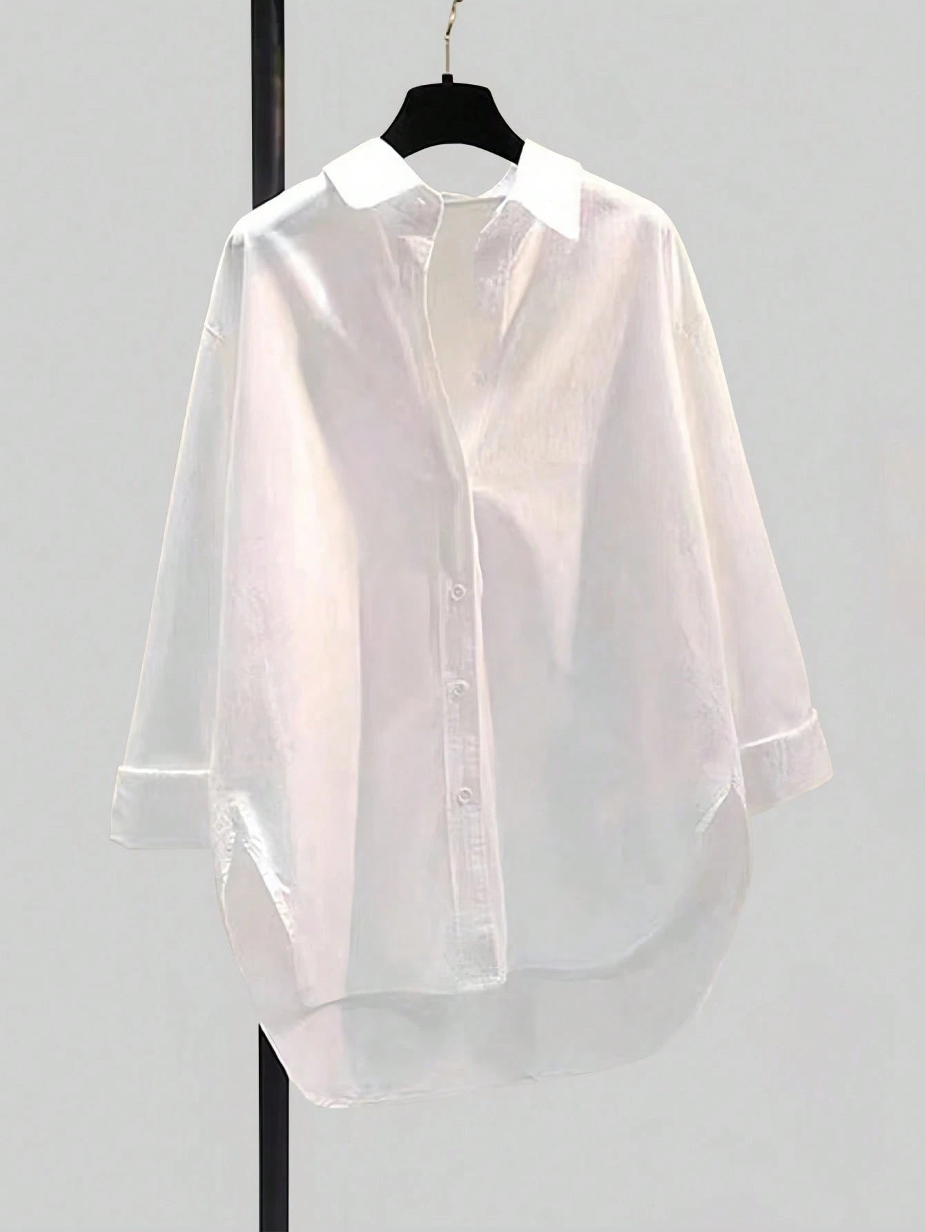 Minimalist Lapel Long Sleeve Loose Women's Shacket, Featuring Shirt Collar And Asymmetric Hem Design White Spring
