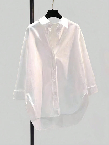 Minimalist Lapel Long Sleeve Loose Women's Shacket, Featuring Shirt Collar And Asymmetric Hem Design White Spring