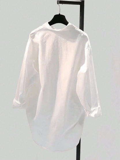 Minimalist Lapel Long Sleeve Loose Women's Shacket, Featuring Shirt Collar And Asymmetric Hem Design White Spring