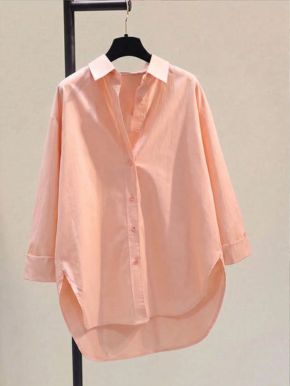 Minimalist Lapel Long Sleeve Loose Women's Shacket, Featuring Shirt Collar And Asymmetric Hem Design White Spring