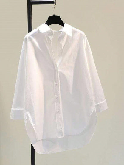 Minimalist Lapel Long Sleeve Loose Women's Shacket, Featuring Shirt Collar And Asymmetric Hem Design White Spring