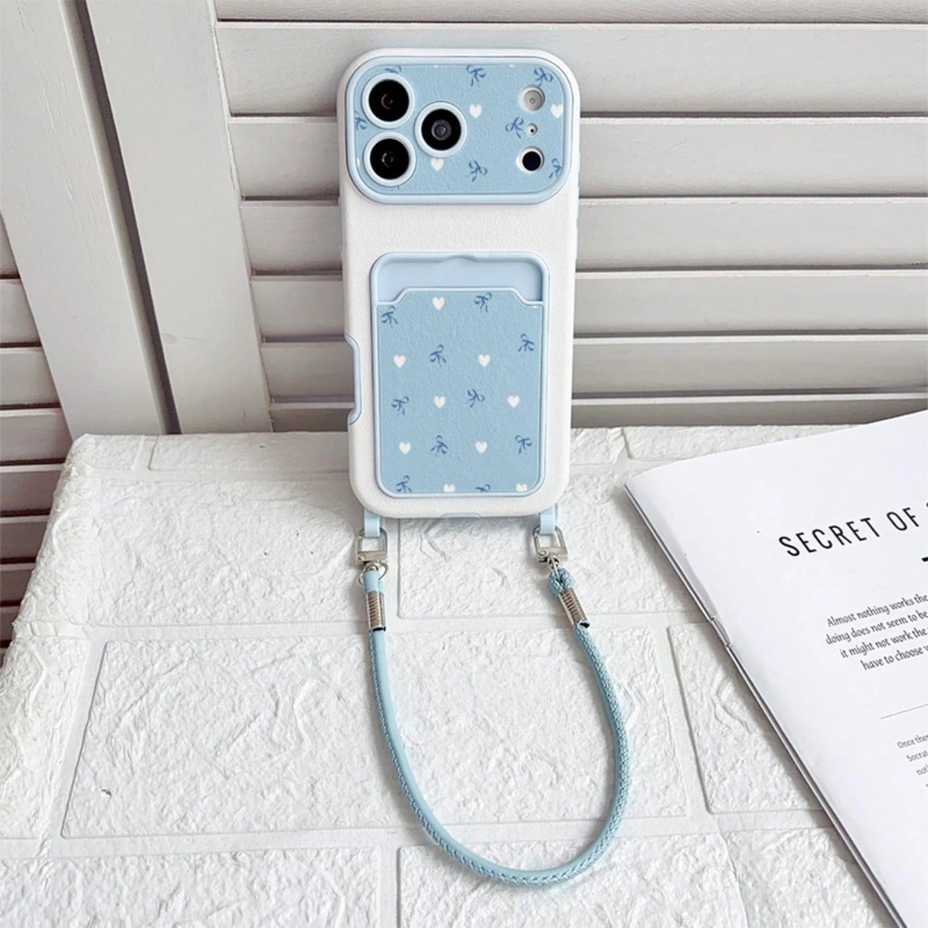 Minimalist Milk Blue Heart Bow Card Holder Phone Case, Soft Gentle Fresh Contrast Color Leather Texture With Wrist Strap Full Coverage Anti-Drop Soft Shell, Korean Style Ins Light Blue Polka Dot Bow C